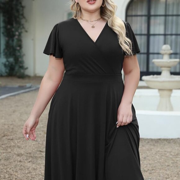 Plus Size Casual V Neck Short Sleeve Midi Dress with Pockets and Adjustable Wais - Picture 4 of 5